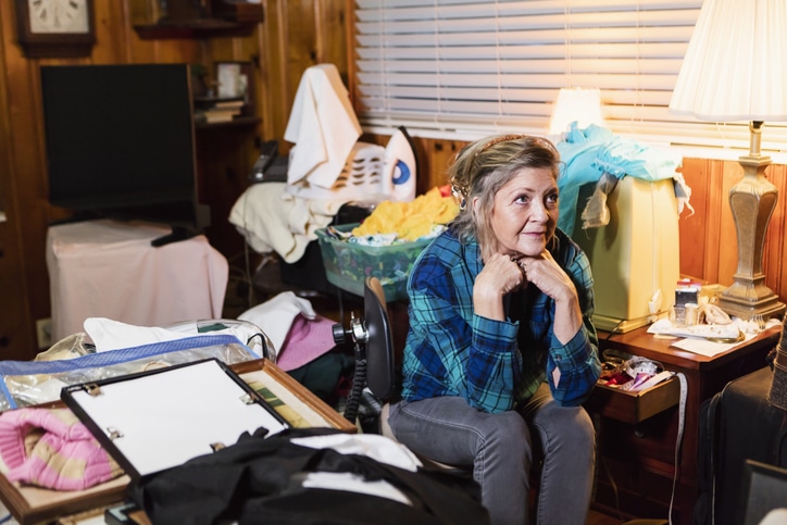 A woman sits in a messy room as she thinks about clutter and stress for older adults.
